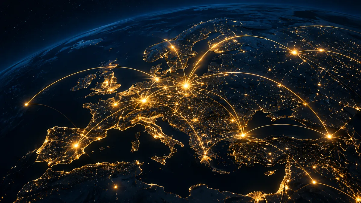 A connected global business network at night